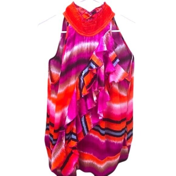 Ashley Stewart Sleeveless Ruffle Halter Blouse In Pink Orange Ikat Stripe Print - Picture 1 of 7
